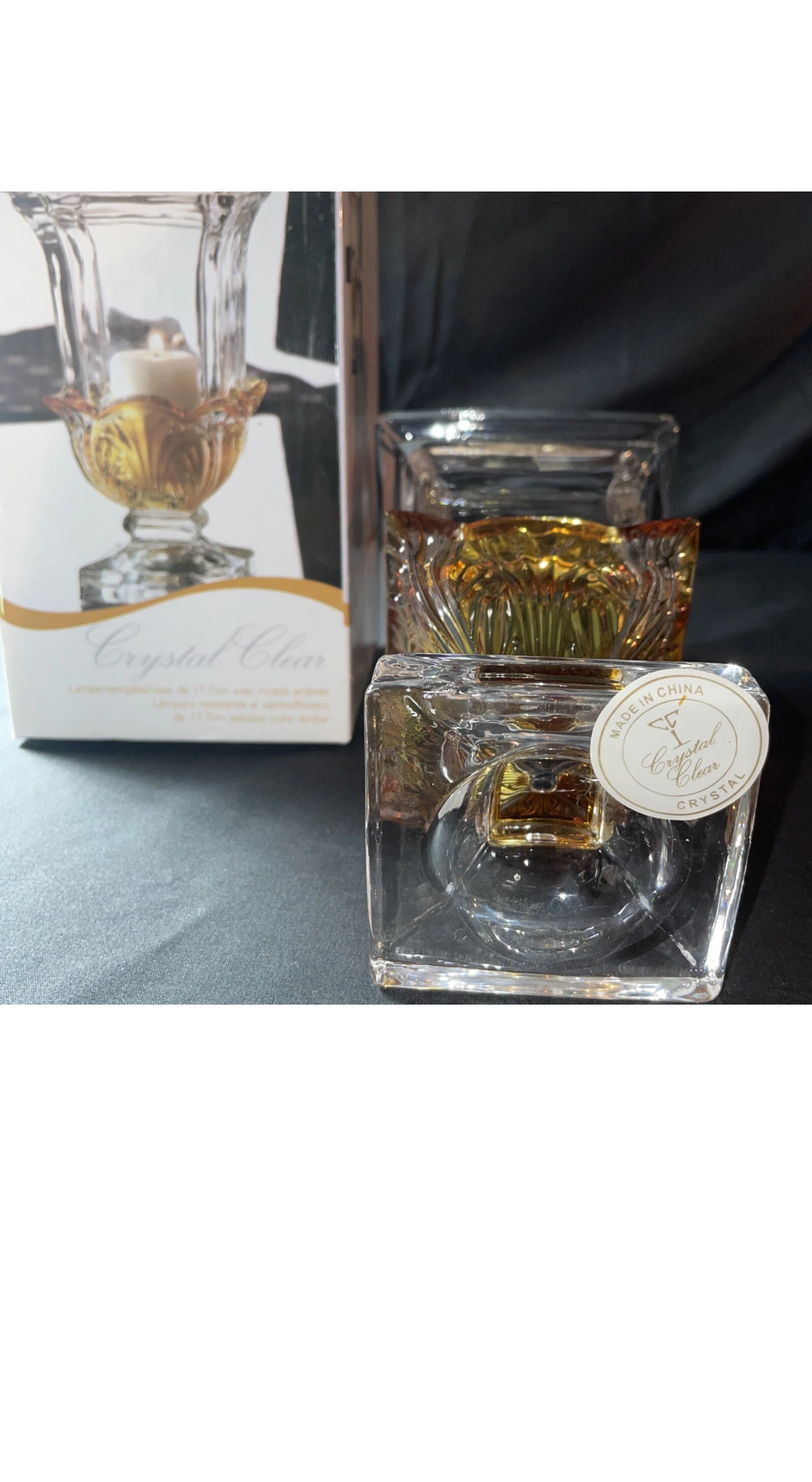 Crystal Clear 7” H Hurricane Vase With Amber Glass Accents