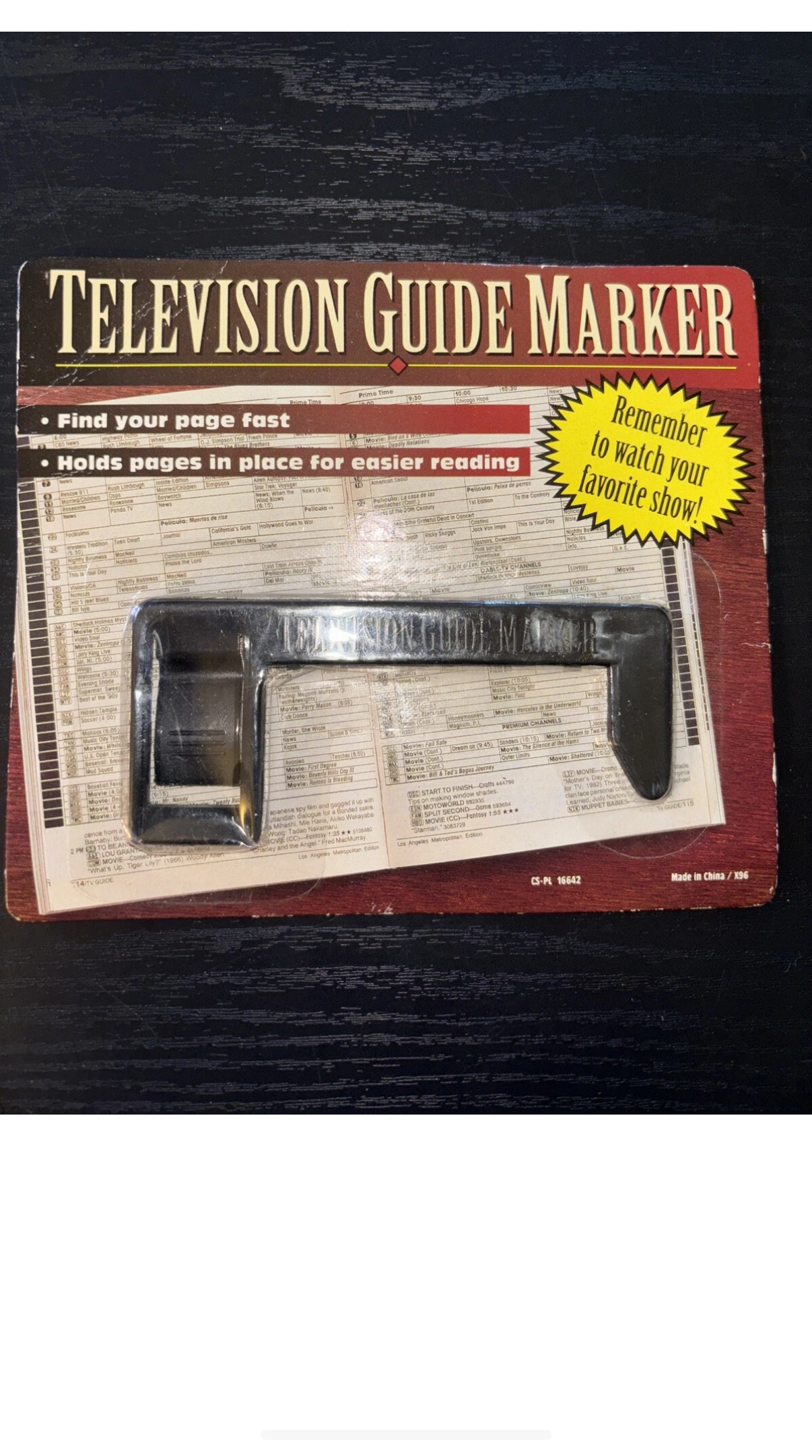 Vintage Television Guide Marker, Black Plastic, Bookmark, Retro, 4.25"