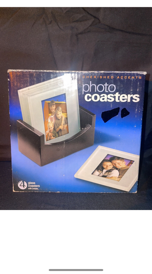 Set 4 Cherished Accents Photo Coasters w/Wood Holder Orig Box 2" x 3" Photos