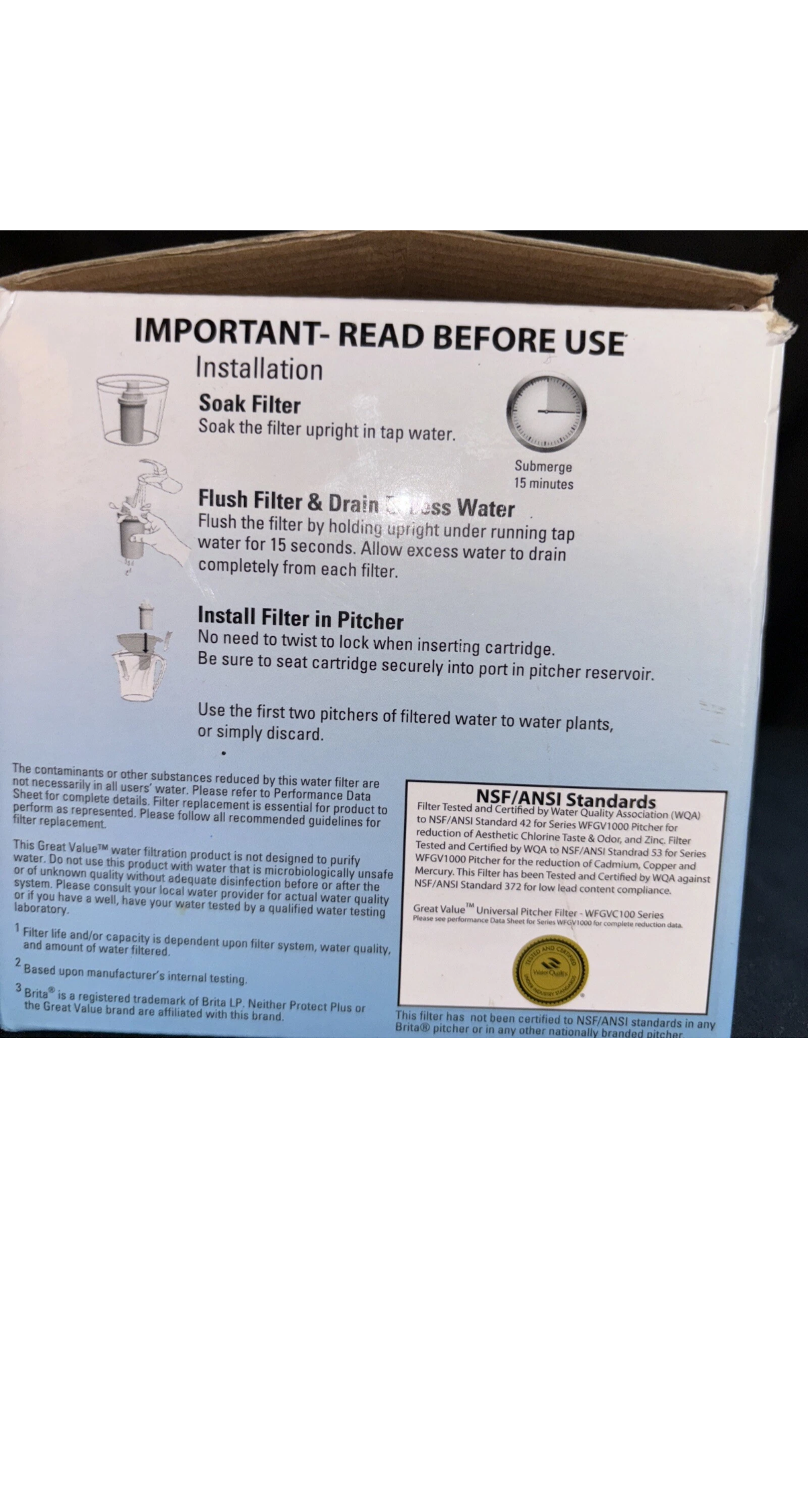 6 Water Pitcher Filters: 1-Brita ; 5 Great Value-Fits Brita and other Natl Brand