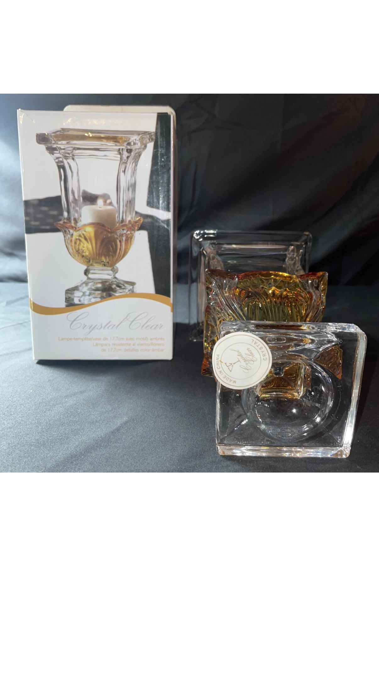Crystal Clear 7” H Hurricane Vase With Amber Glass Accents