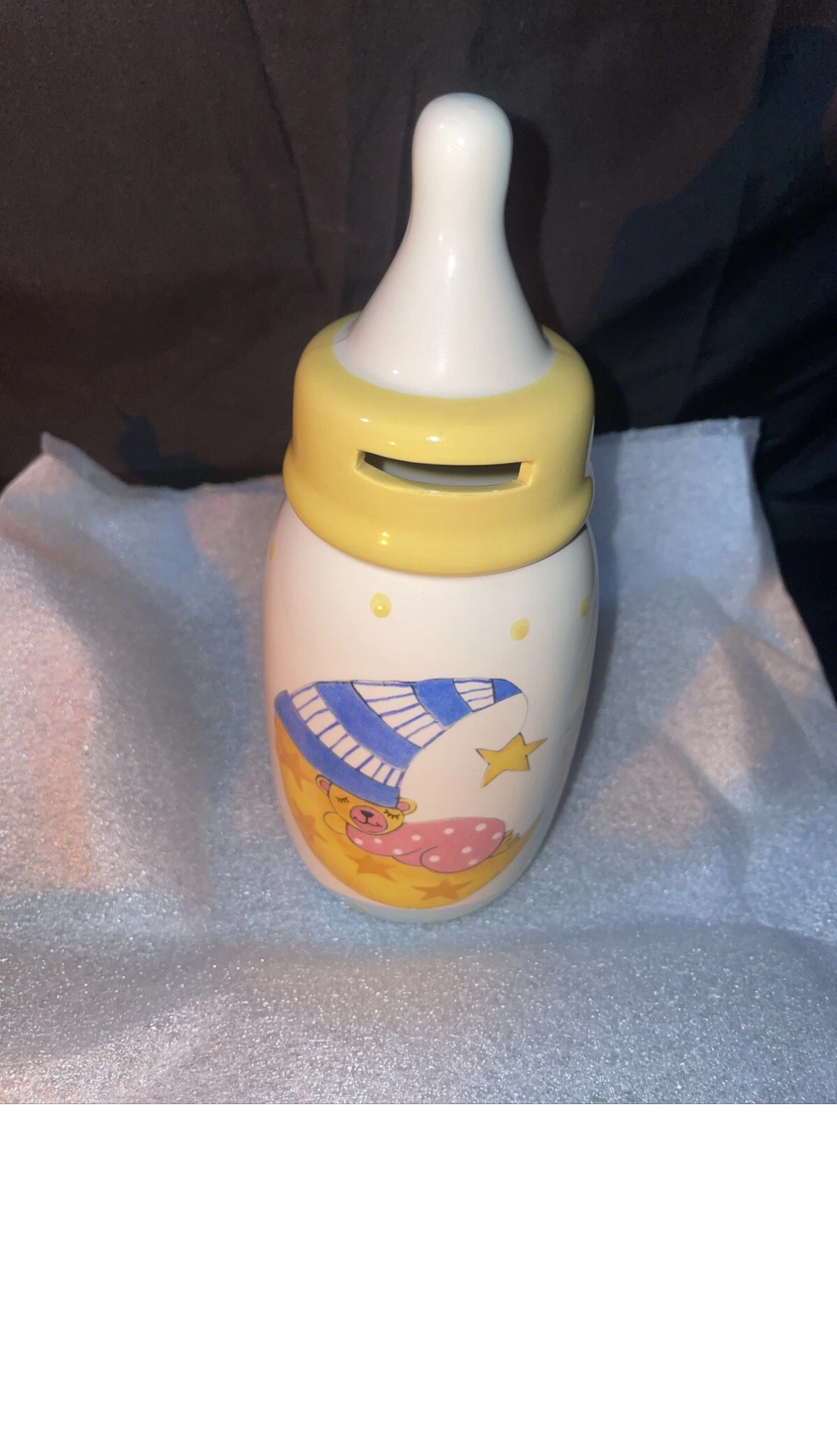 Ceramic Sleeping Baby Bear Bottle Coin Bank Fund Jar Pastel Colored