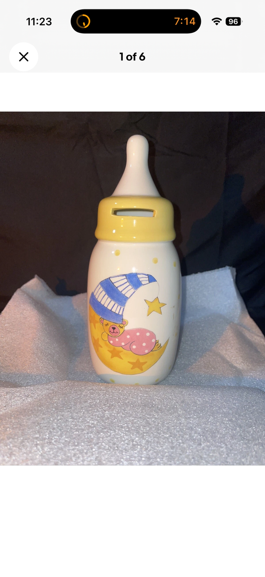 Ceramic Sleeping Baby Bear Bottle Coin Bank Fund Jar Pastel Colored