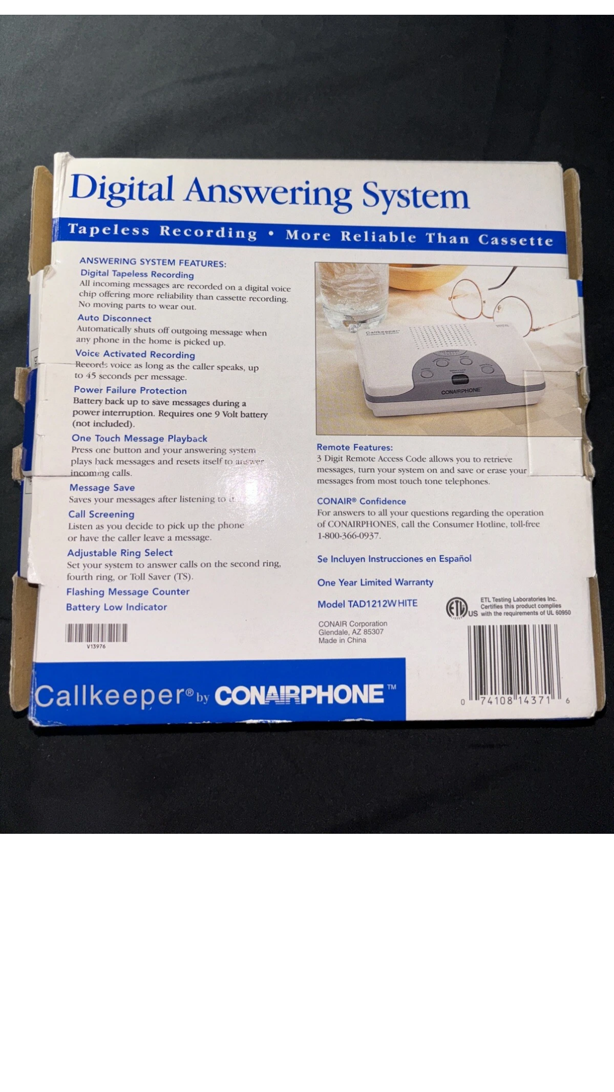 Callkeeper Conairphone Digital Tapeless Answering System TAD1212W White