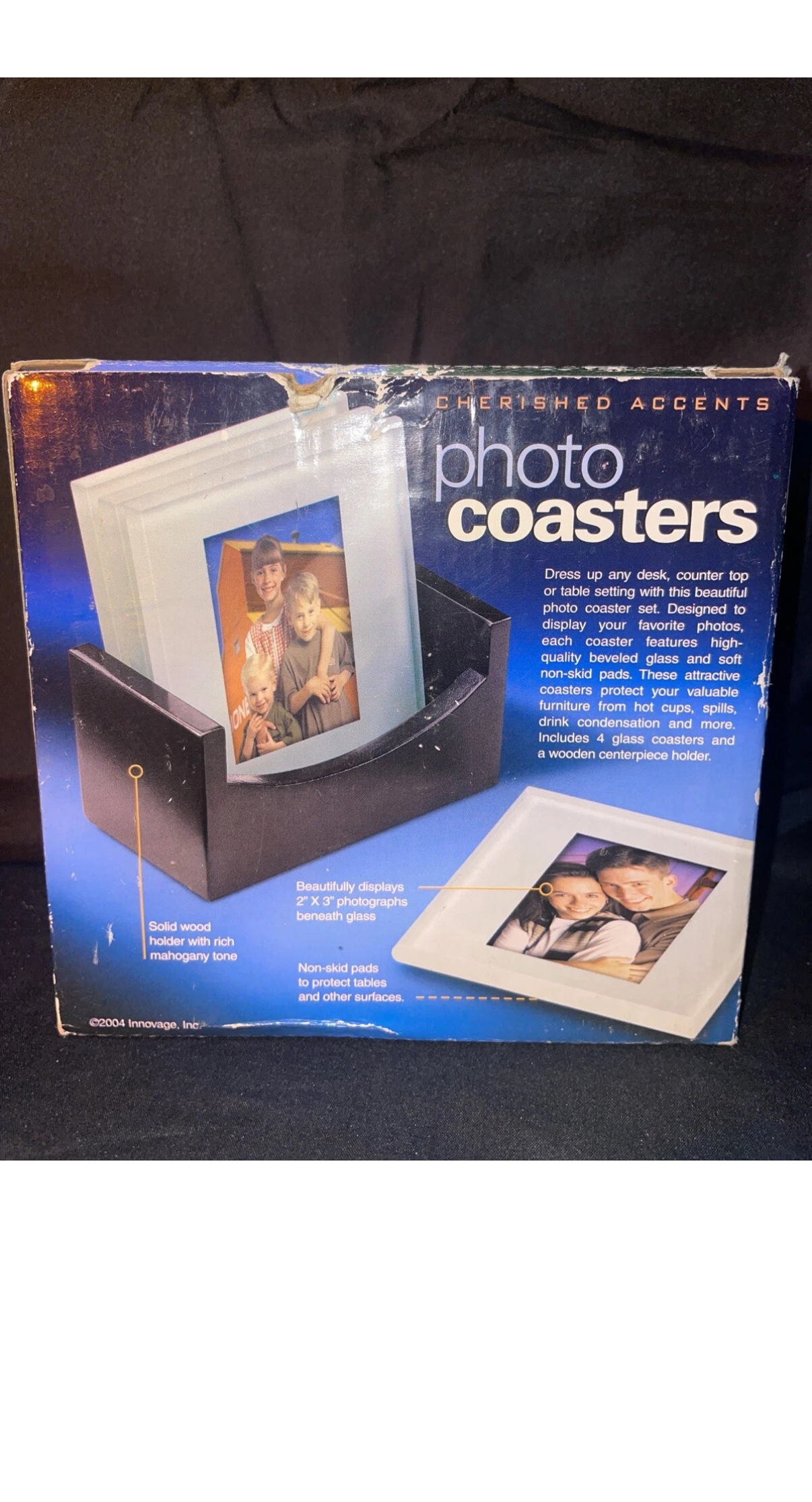 Set 4 Cherished Accents Photo Coasters w/Wood Holder Orig Box 2" x 3" Photos