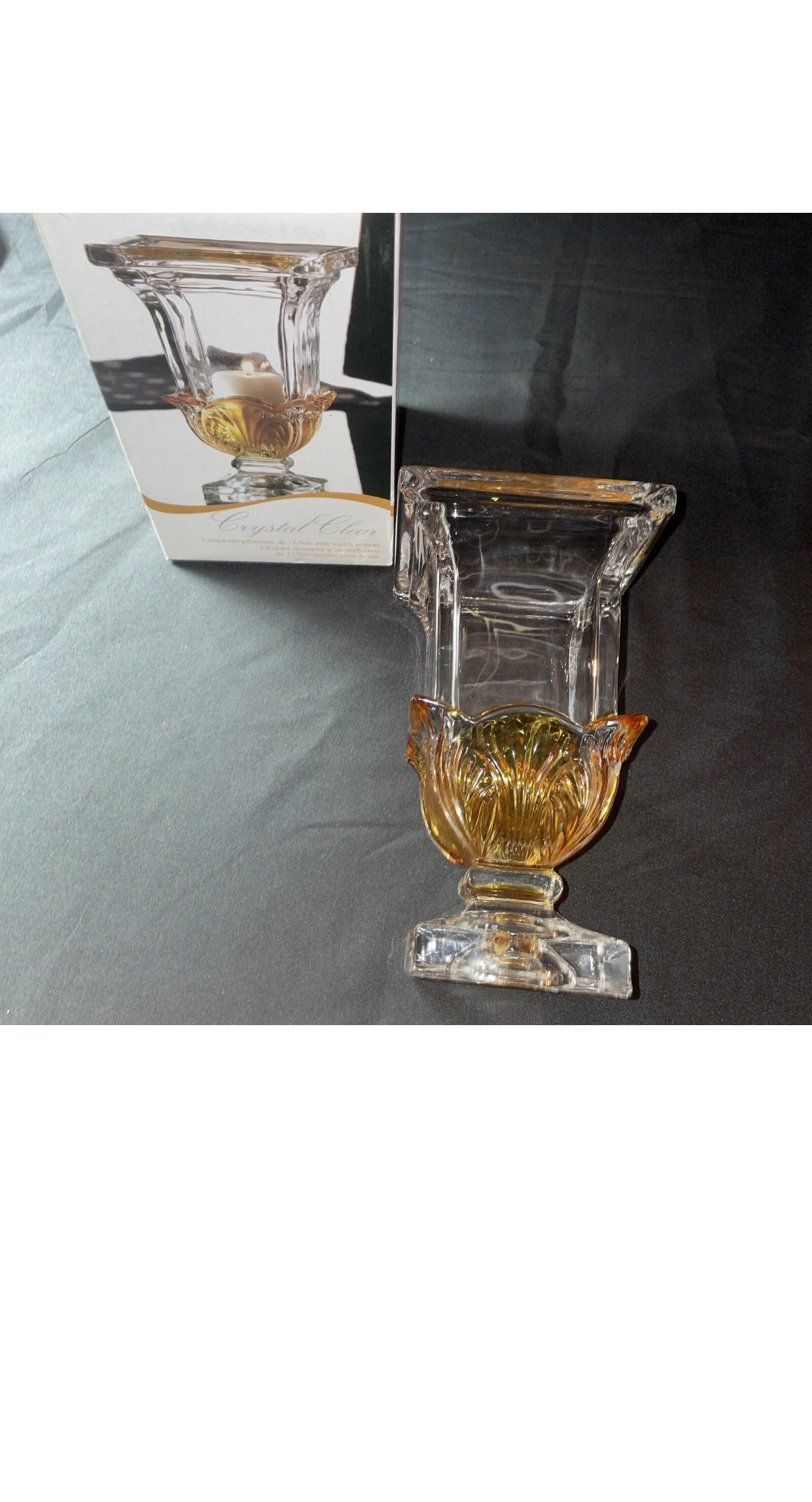 Crystal Clear 7” H Hurricane Vase With Amber Glass Accents