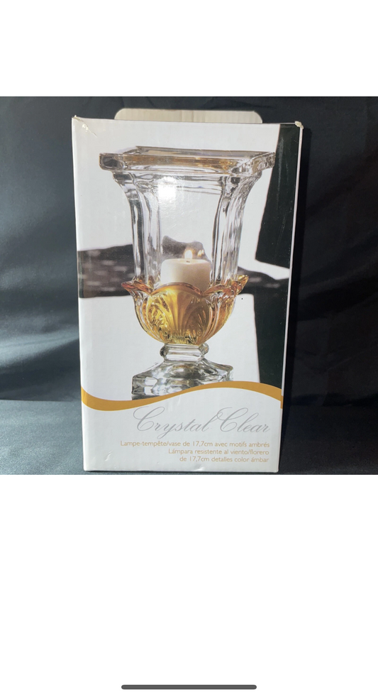 Crystal Clear 7” H Hurricane Vase With Amber Glass Accents