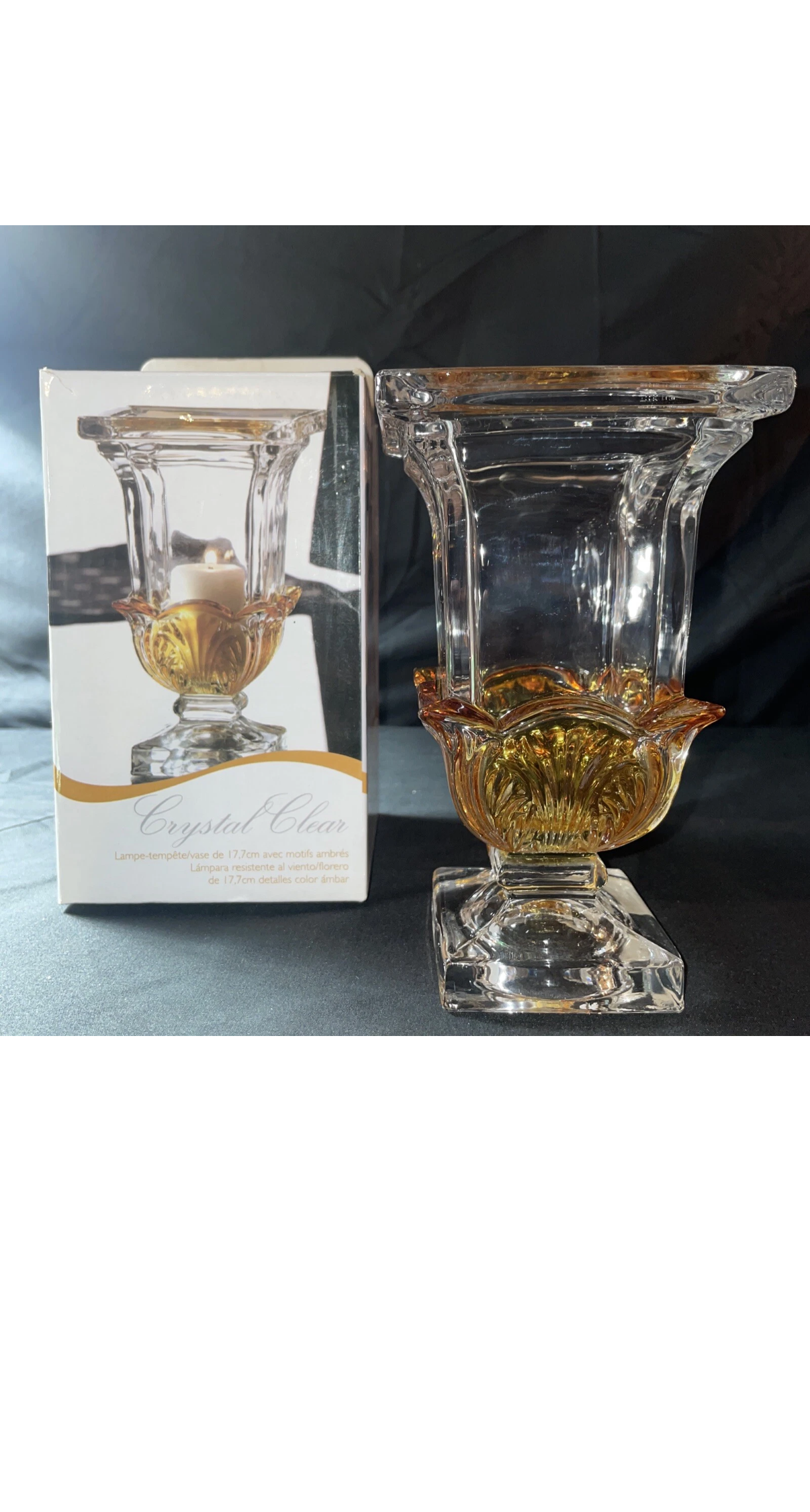 Crystal Clear 7” H Hurricane Vase With Amber Glass Accents