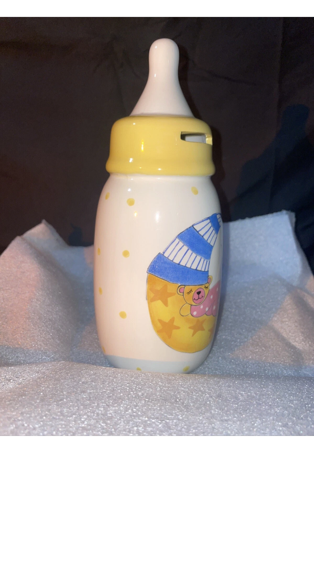 Ceramic Sleeping Baby Bear Bottle Coin Bank Fund Jar Pastel Colored