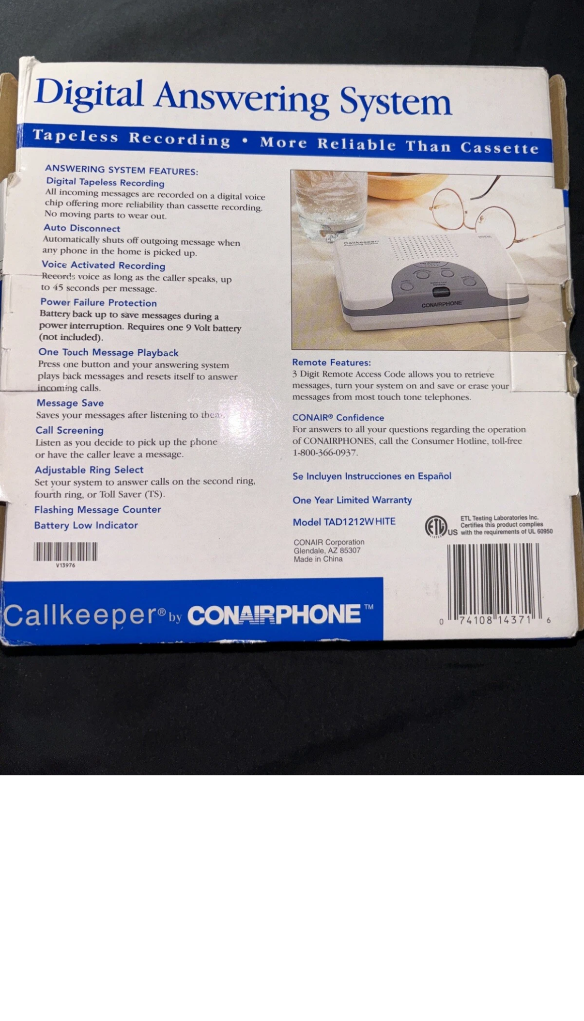 Callkeeper Conairphone Digital Tapeless Answering System TAD1212W White