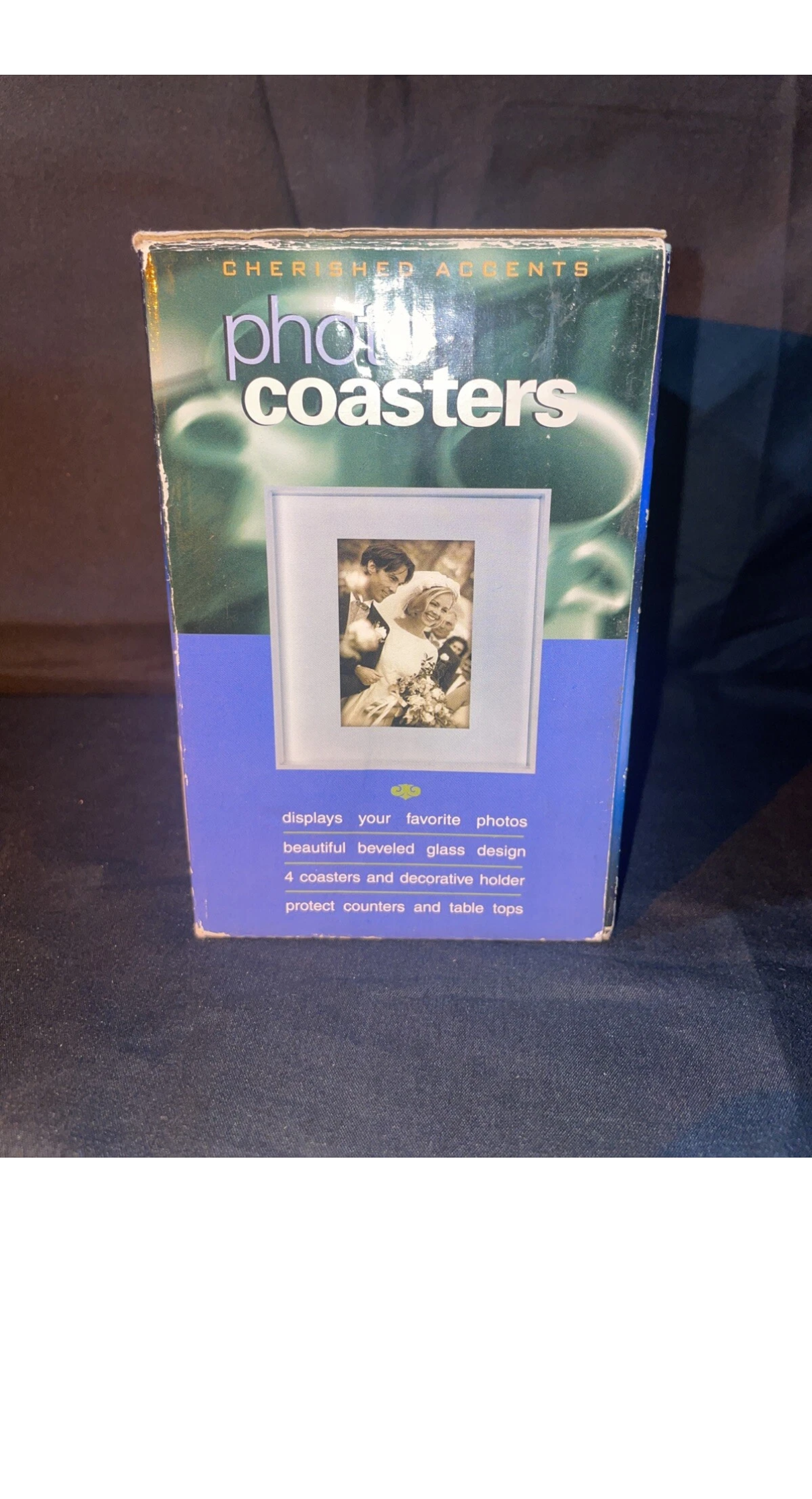 Set 4 Cherished Accents Photo Coasters w/Wood Holder Orig Box 2" x 3" Photos